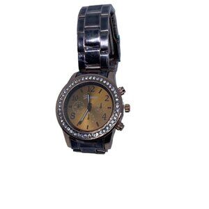 Chocolate Geneva Crystal Rhinestone Chronograph Watch with Metal Link Band